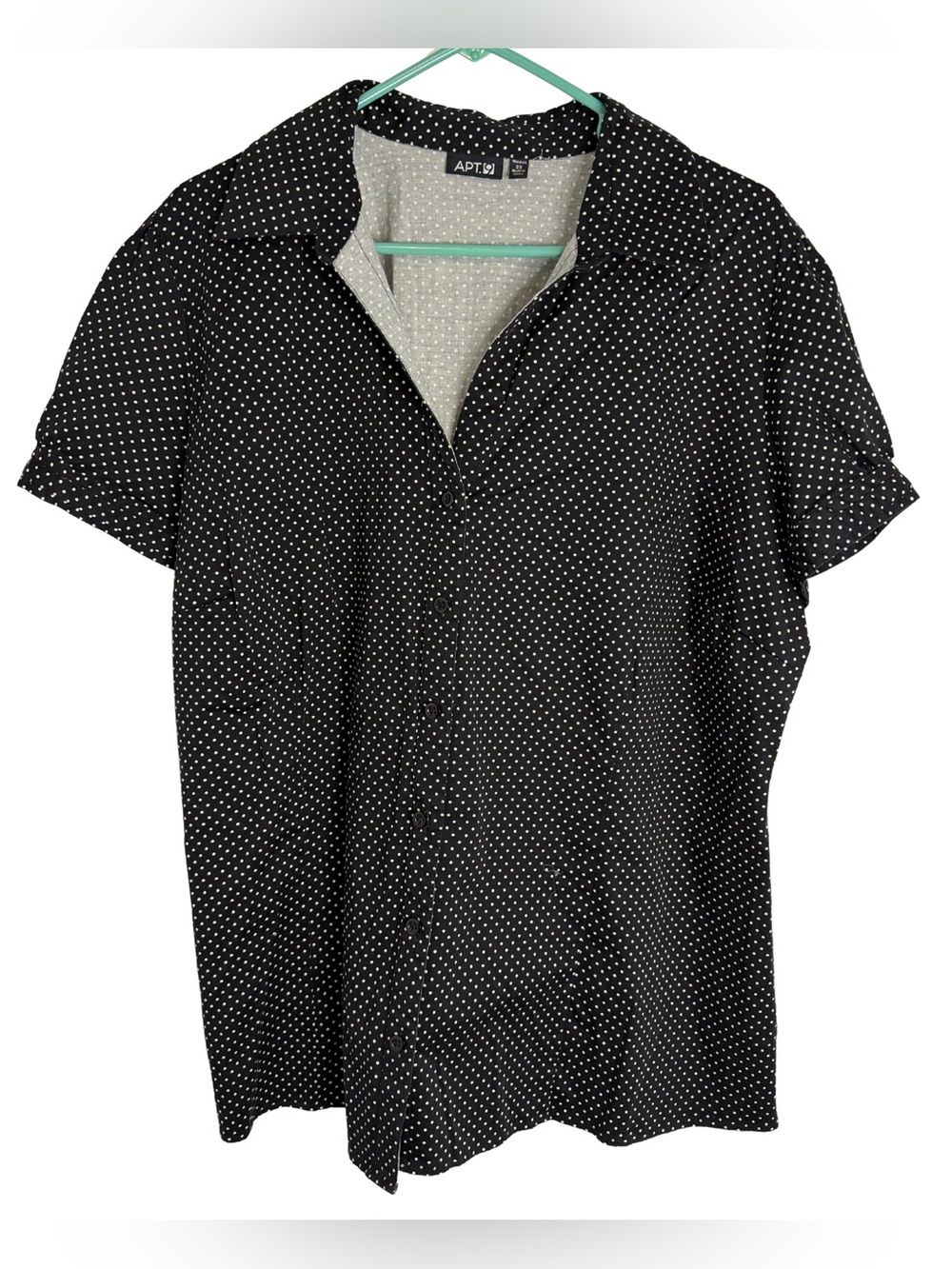 Apt. 9 Black Short Sleeve Button Down Shirt with White Polka Dots Size 2X